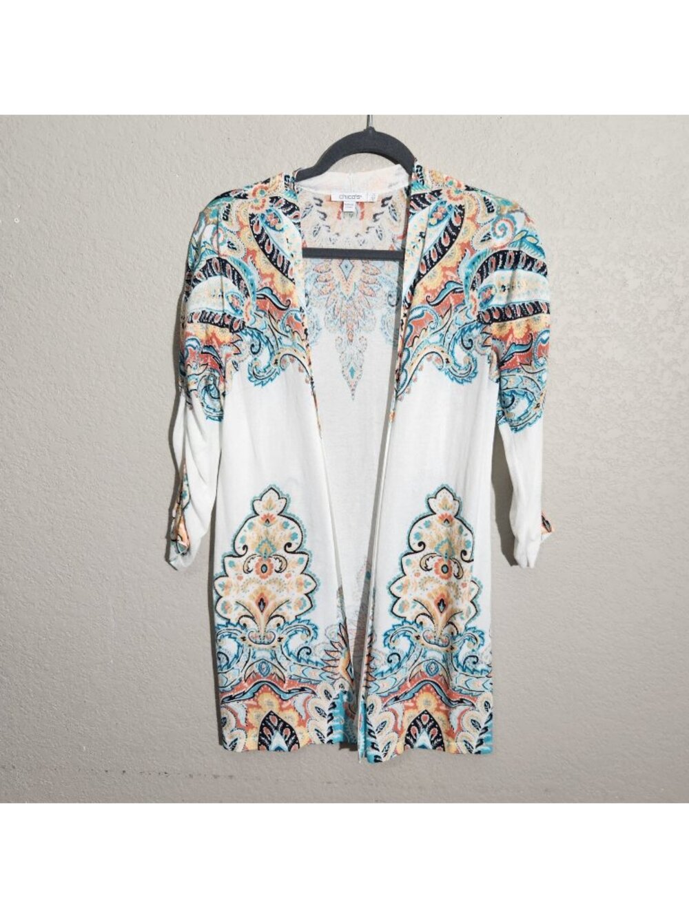 Chicos Cardigan Size 0 White Paisley Open Front Lightweight long